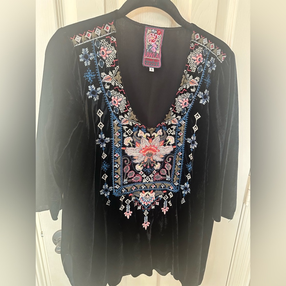 Johnny Was Embroidered Black Velvet Top